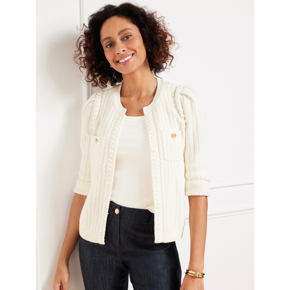 Talbots Cream Chunky Knit Cardigan Cable Detail Gold Buttons Size XL